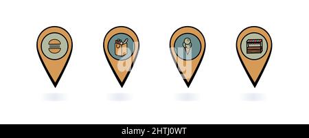 Raccolta di marcatori per la mappa. Indicazioni per la posizione delle destinazioni di viaggio. Per la navigazione nell'applicazione, creare un percorso. Alimentari Illustrazione Vettoriale