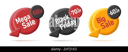 Set di etichette digitali per la promozione vendita, cerchio con la freccia verso il basso per gli sconti, etichette bolle, isolato Illustrazione Vettoriale