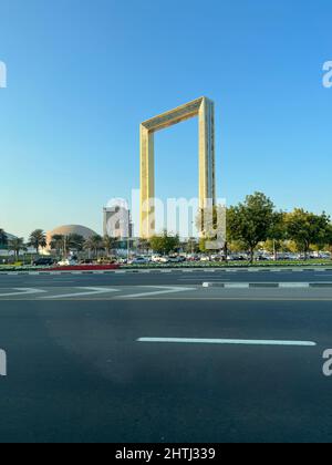 Vista sulla cornice di Dubai dall'esterno Foto Stock