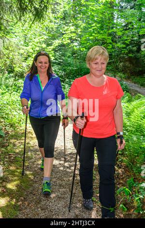 Nordic Walking esercizio in splendida natura primaverile Foto Stock