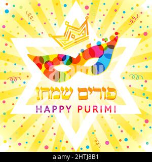 Maschera Happy purim e confetti colorati. Modello grafico astratto isolato. Happy Purim scritta ebraica, confetti colorati, corona re e brillante c Illustrazione Vettoriale