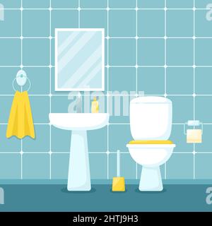 Interno del bagno con lavandino, specchio e servizi igienici, illustrazione vettoriale Illustrazione Vettoriale