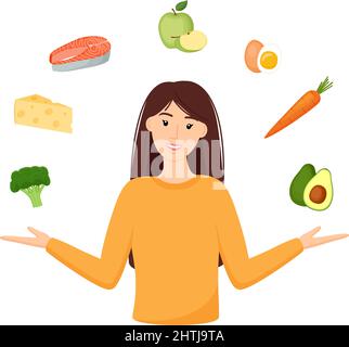 Donna sorridente e cibo sano. Сoncept di alimentazione sana, illustrazione vettoriale Illustrazione Vettoriale