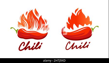 Peperoncino rosso con logo Flame Vector. Emblema pepe con e fuoco Illustrazione Vettoriale