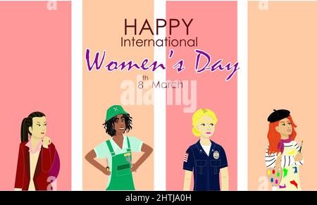 Felice giornata internazionale delle donne 8 marzo banner,8 marzo,mese di marzo,donne forti,donne lavoratrici Illustrazione Vettoriale