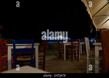 Arrivo notturno della nave da Atene, LIPSI o Lissos, Arcipelago Dodecanese, Isola Tweve, Grecia, Europa Foto Stock