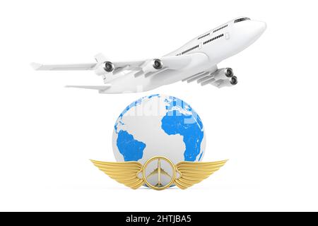 Passeggeri in aereo bianco su globo terrestre e emblema, logo o logo dell'ala Golden Pilot su sfondo bianco. 3D rendering Foto Stock