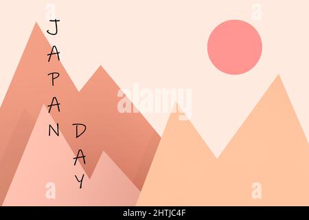 Concetto di Japan Day. Flat Mountains con sole in colori pastello su sfondo bianco. 3D rendering Foto Stock