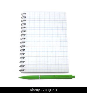 Blocco note con foglio di carta quadrato vuoto e penna verde su sfondo bianco. 3D rendering Foto Stock