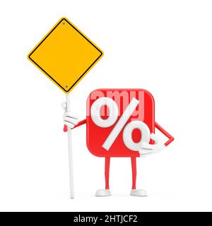 Vendita o sconto percentuale segno persona personaggio Mascot e giallo strada segno con spazio libero per il tuo disegno su uno sfondo bianco. 3D rendering Foto Stock