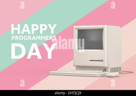 Concetto Happy Programmer Day. Retro Personal computer con Programmer Day Sign su sfondo multicolore. 3D rendering Foto Stock