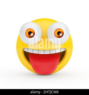 Buon Emoji con grandi occhi su sfondo bianco. 3D rendering Foto Stock