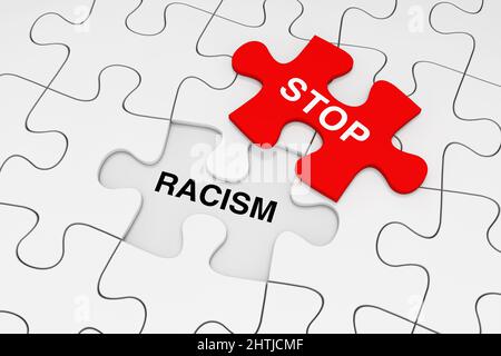 Un pezzo di Red Jigsaw Puzzle sopra Plain of White Puzzle con Stop Racism parole su uno sfondo bianco. 3D rendering Foto Stock