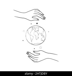 Illustrazione vettoriale, le mani chiudono il pianeta dall'inquinamento, salvano il pianeta, un piccolo processo di una pianta, risparmiano energia, concetto di Giornata della Terra - vettore Illustrazione Vettoriale