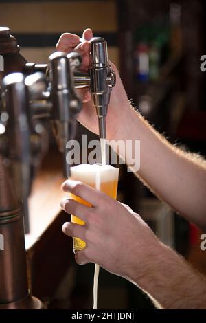 Vista laterale del barkeeper maschio non riconoscibile dal taglio, con capelli rossi che versano birra alla spina nel bicchiere mentre si trova al banco durante il lavoro al bar Foto Stock