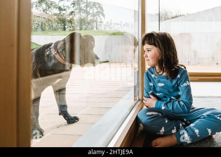 Vista laterale della ragazza in pajama giocando con carino nero American Pit Bull Terrier mentre si siede vicino porta di vetro in campagna con prato verde Foto Stock