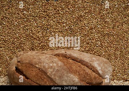 Vista dall'alto di pane fresco e sano cotto al forno, posto su grano saraceno crudo e cereali di avena in camera luminosa Foto Stock