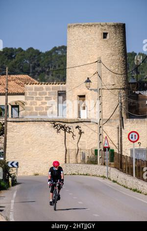 Ciclisti di fronte al mulino Xim, salita a Puig de cura, Randa, Maiorca, Baleari, Spagna Foto Stock