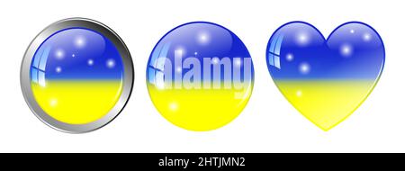 Un insieme di pulsanti sotto forma di sfera e di cuore nei colori della bandiera dello stato dell'Ucraina. Su sfondo bianco. Illustrazione Vettoriale