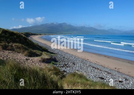 Dune spiaggia sul Brandon Bay popolare tra i wind-surfisti, Maharees Peninsula, vicino Castlegregory, Dingle Peninsula, County Kerry, Irlanda Foto Stock