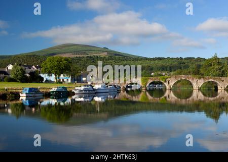 Vista sul fiume Barrow fino a Tinnahinch con ponte ad arco in pietra e Brandon Hill, Graiguenamanagh, County Kilkenny, Irlanda Foto Stock