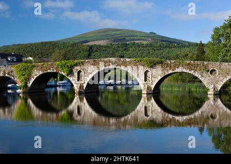 Vista sul fiume Barrow fino a Tinnahinch con ponte ad arco in pietra e Brandon Hill, Graiguenamanagh, County Kilkenny, Irlanda Foto Stock