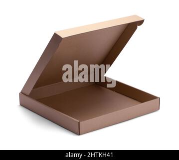 Aprire la scatola di cartone marrone piatta ritagliata su bianco. Foto Stock