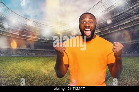 Gli appassionati di calcio esultano a guardare una partita di calcio allo stadio Foto Stock