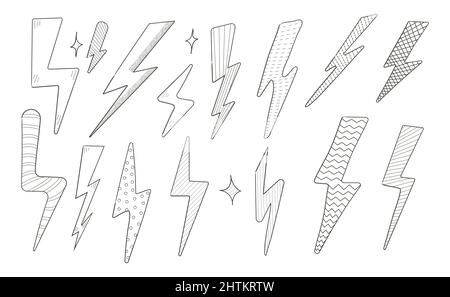 Lightning vettore set disegnato a mano. Doodle Thunder segno collezione. Tracciare un simbolo nero elettrico. Energia flash, icone di attenzione, illustrazione attenzione per Illustrazione Vettoriale