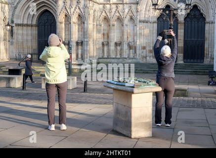 I turisti che scattano le foto a York Minster con i telefoni cellulari Foto Stock