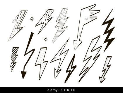 Lightning vettore set disegnato a mano. Doodle Thunder segno collezione. Tracciare un simbolo nero elettrico. Energia flash, icone di attenzione, illustrazione attenzione per Illustrazione Vettoriale