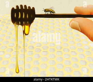 Il miele sano è visto gocciolare da un tuffatore di miele di legno con un honeybee seduto sul tuffatore in un'illustrazione di 3-d. Foto Stock