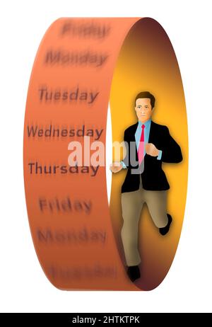 Un uomo d'affari corre su un tapis roulant etichettato con i cinque giorni lavorativi della settimana in un 3-d illustrazione. Foto Stock