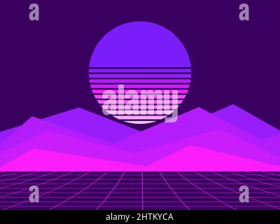 Tramonto in realtà virtuale nello stile del 80s. Paesaggio fantascientico con sole retrò, metaverse. Stile Synthwave e retrofwave. Design per striscioni, promozionale Illustrazione Vettoriale