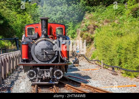 Ffestiniog Railway 'Double Fairlie' 0-4-4-0T No. 12 'David Lloyd George' arriva a Tan-Y-Bwlch sulla Ferrovia di Ffestiniog Foto Stock