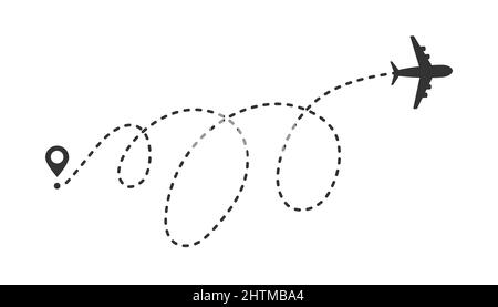 Icona vettore di rotta della linea dell'aeroplano. Percorso di volo in aereo con punto di partenza e traccia tratteggiata isolata su sfondo bianco Illustrazione Vettoriale