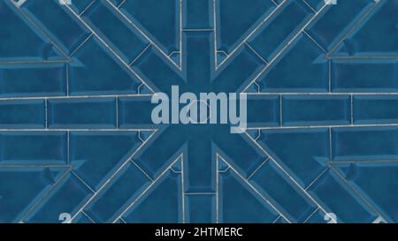 Disegno caleidoscopico astratto e colorato con figure geometriche apparse. Motivo blu simmetrico su sfondo bianco. Foto Stock