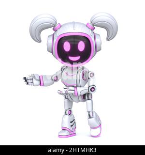 Carino rosa ragazza robot accogliente gesto 3D rendering illustrazione isolato su sfondo bianco Foto Stock