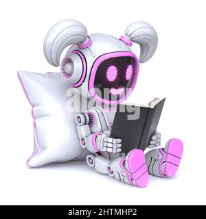 Carino rosa robot ragazza ama leggere libro 3D rendering illustrazione isolato su sfondo bianco Foto Stock