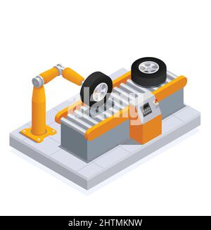 Servizio di produzione di pneumatici colorati isometrici e composizione con fase di controllo automatico nell'illustrazione vettoriale di fabbrica Illustrazione Vettoriale