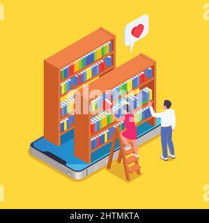 Biblioteca digitale online isometrica e colorato concetto due persone alla ricerca del libro giusto su una scaffale astratta illustrazione vettoriale online Illustrazione Vettoriale