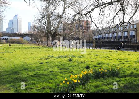 Mile End Park by Regents Canal al sole invernale con Canary Wharf Beyond, nella zona est di Londra, Regno Unito Foto Stock