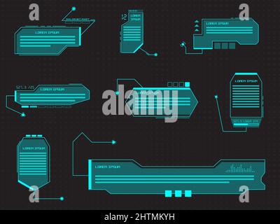 Richiama barre e titoli in stile HUD. Barre di chiamata di informazioni futuristiche e moderni modelli di layout di elementi di interfaccia. HUD, UI, VETTORE GUI Illustrazione Vettoriale