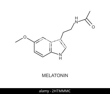 Struttura molecolare della melatonina. Ormone utilizzato per la terapia jet lag, insonnia, disturbo del ritmo circadiano. Icona di regolazione del ciclo di sospensione e riattivazione isolata su sfondo bianco. Illustrazione grafica vettoriale Illustrazione Vettoriale