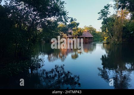 Tetto di paglia a casa sul Rio Dulce, Guatemala Foto Stock