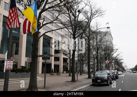 1 marzo 2022, Washington, Dastric of Columbia, USA: Le bandiere ucraine sono viste lungo la Pennsylvania Av a sostegno della gente ucraina, oggi il 01 marzo 2022 davanti all'International Trump Hotel a Washington DC, USA. (Credit Image: © Lenin Nolly/ZUMA Press Wire) Foto Stock