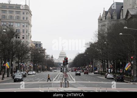 1 marzo 2022, Washington, Dastric of Columbia, USA: Le bandiere ucraine sono viste lungo la Pennsylvania Av a sostegno della gente ucraina, oggi il 01 marzo 2022 davanti all'International Trump Hotel a Washington DC, USA. (Credit Image: © Lenin Nolly/ZUMA Press Wire) Foto Stock