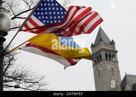 1 marzo 2022, Washington, Dastric of Columbia, USA: Le bandiere ucraine sono viste lungo la Pennsylvania Av a sostegno della gente ucraina, oggi il 01 marzo 2022 davanti all'International Trump Hotel a Washington DC, USA. (Credit Image: © Lenin Nolly/ZUMA Press Wire) Foto Stock