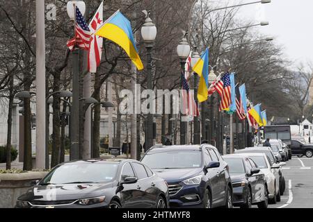 1 marzo 2022, Washington, Dastric of Columbia, USA: Le bandiere ucraine sono viste lungo la Pennsylvania Av a sostegno della gente ucraina, oggi il 01 marzo 2022 davanti all'International Trump Hotel a Washington DC, USA. (Credit Image: © Lenin Nolly/ZUMA Press Wire) Foto Stock