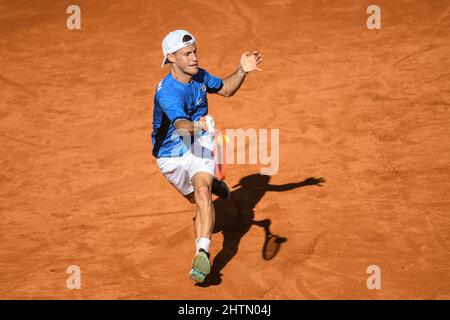 Coppa Davis (Buenos Aires): Diego Schwartzman (Argentina) durante le prove, prima della serie dei qualificatori contro la Repubblica Ceca Foto Stock